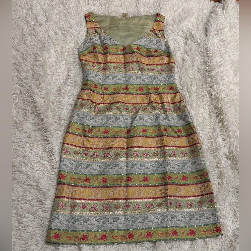 Vintage COLLETTE DINNIGAN Woven Stripe Floral A-Line Dress - Multicolor